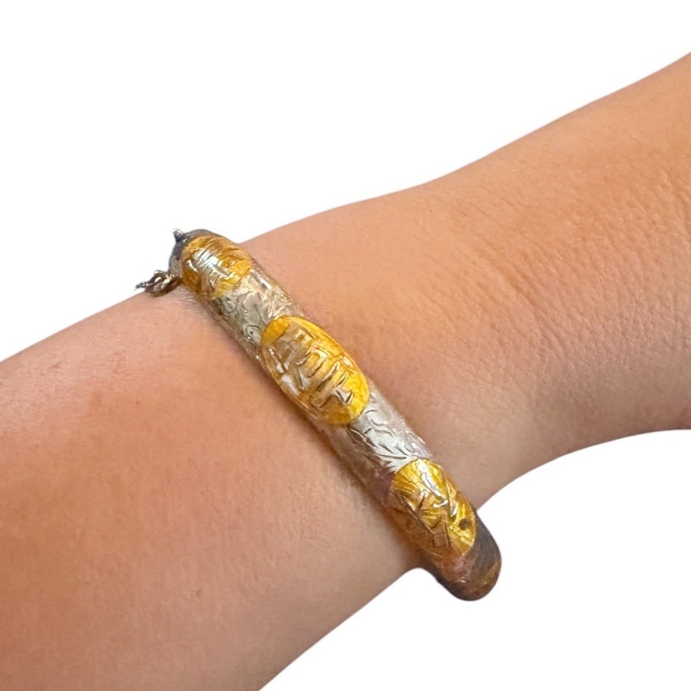 VINTAGE STERLING SILVER .925 CHINESE EXPORT YELLOW ENAMEL 11mm BANGLE BRACELET